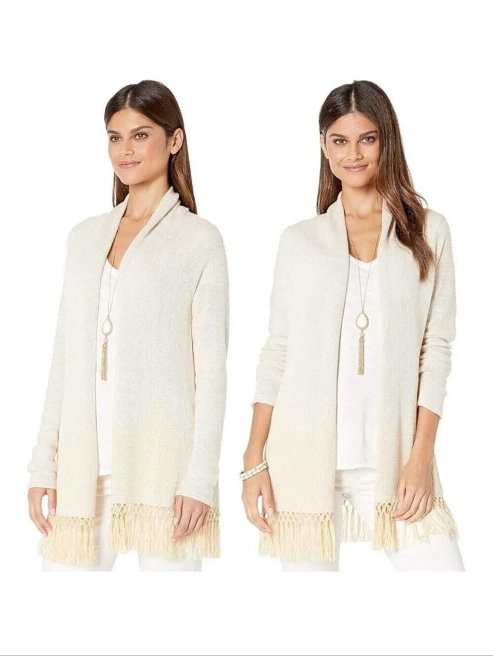 Lilly Pulitzer Cream Open-Front Fringe Hem Cardigan